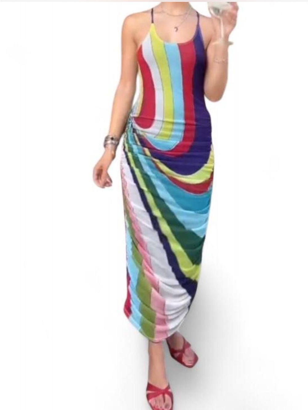 NWT Muma World Colorful Abstract Ruched Calmar Mesh Midi Dress Stretch Bodycon
